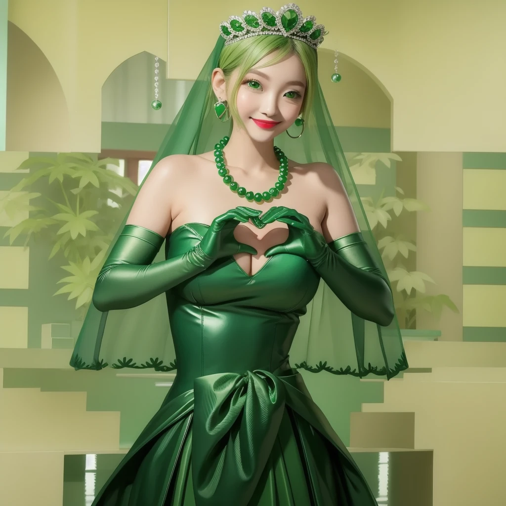 Emerald tiara, Green Pearl Necklace, ボーイッシュな非常に短いGreen Hair, Green Lips, Smiling Japanese woman, Very short hair, Busty beautiful lady, Green Eyes, Green satin long gloves, Green Eyes, Emerald Earrings, Green veil, Heart with both hands, Green Hair, Beautiful Japanese Woman, Heart shaped hands:1.3, green lip gloss