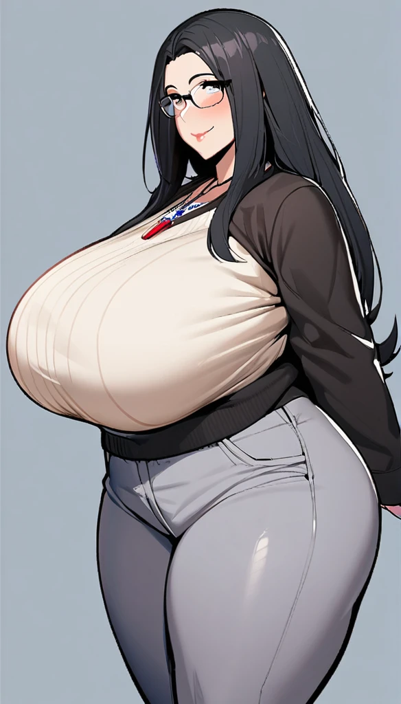 1girl,solo,Mature Woman,Black Hair,long hair,Glasses,mother,gentle,kind face,Super huge breasts,Flabby thighs,Black knit with vertical lines accentuating the lines of the body,Pants that accentuate the body's curves,necklace,standing up,Looking at this,Inclusive,White background,