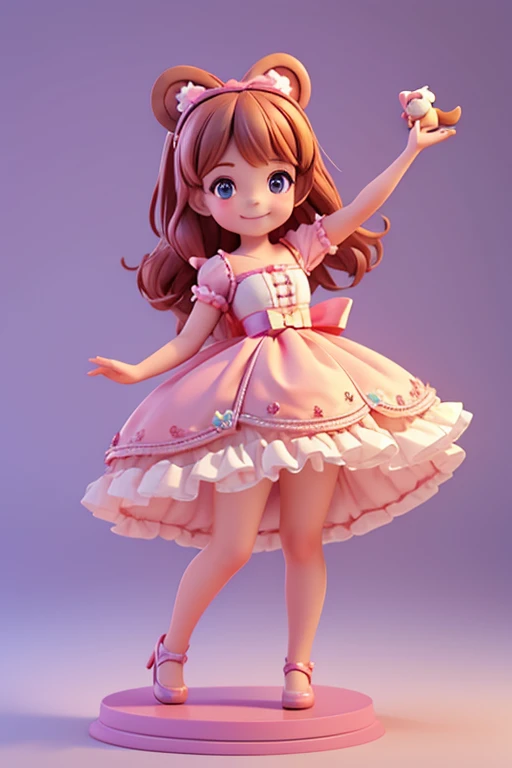 A cartoon  girl，Disney Princess Dress Up，energetic and cute，Holding a bear-shaped doll in his hand，Smile at the camera，3D Rendering，OC Rendering，C4D