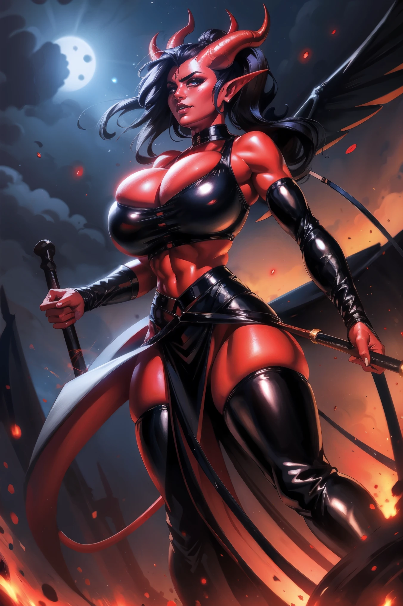 Busty Red skin succubus tiefling, large breasts, black horns, wings, huge tail, black leather, crop top, long flowing pelvic curtain, tall, toned, graceful, thin, long black ponytail. Action scene, whip. Dark scene, explosions, night sky.