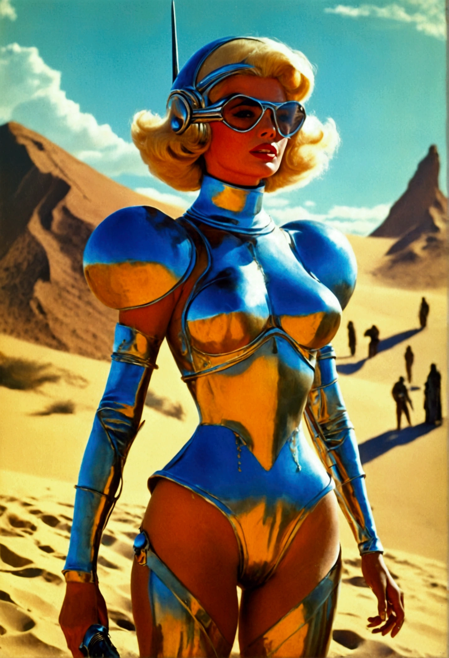 Jayne Mansfield (age 25, sci fi Dune skin suit, Dagger) standing atop a dune with a thumper nearby, 100s of tribal rebels watching her