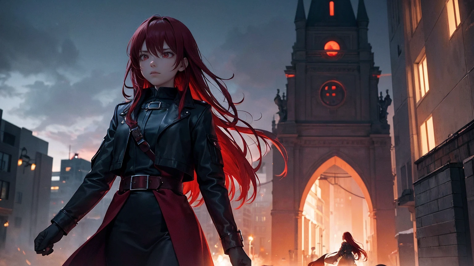 The scene symbolizes an epic moment of fighting the darkness and finding the light of hope. In the foreground is a young woman bravely standing her ground. He stands on a street corner in the darkness, a determined look on his face as he looks to the future.
The young woman has long red hair and wears a black coat and boots. Around her, the shadow of an evil demon stirs, and fear and despair swirl in the air.
The background depicts a city at night, dark and somber. Eerie shadows hover on street corners, and bells tolling with doom. In the distance, the end of the night, a whirlwind of despair, can be seen, and a maddened demon is about to awaken.
A red moon floats in the sky, accentuating the sense of dread and tension. Around them float souls consumed by darkness, and the atmosphere is one of sorrow and anger.
Translated with DeepL.com (free version)