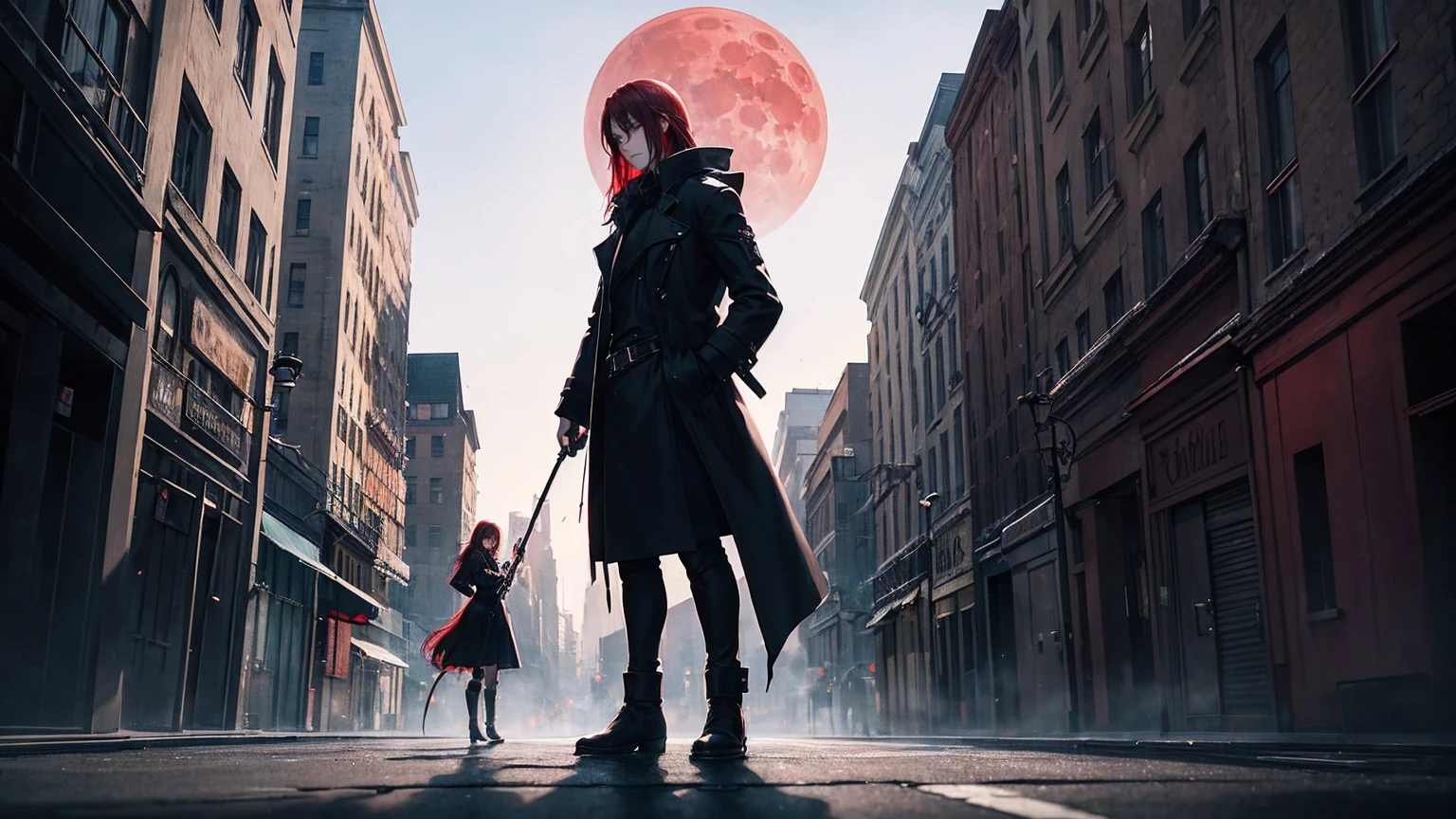 The scene symbolizes an epic moment of fighting the darkness and finding the light of hope. In the foreground is a young woman bravely standing her ground. He stands on a street corner in the darkness, a determined look on his face as he looks to the future.

The young woman has long red hair and wears a black coat and boots. Around her, the shadow of an evil demon stirs, and fear and despair swirl in the air.

The background depicts a city at night, dark and somber. Eerie shadows hover on street corners, and bells tolling with doom. In the distance, the end of the night, a whirlwind of despair, can be seen, and a maddened demon is about to awaken.

A red moon floats in the sky, accentuating the sense of dread and tension. Around them float souls consumed by darkness, and the atmosphere is one of sorrow and anger.

Translated with DeepL.com (free version)