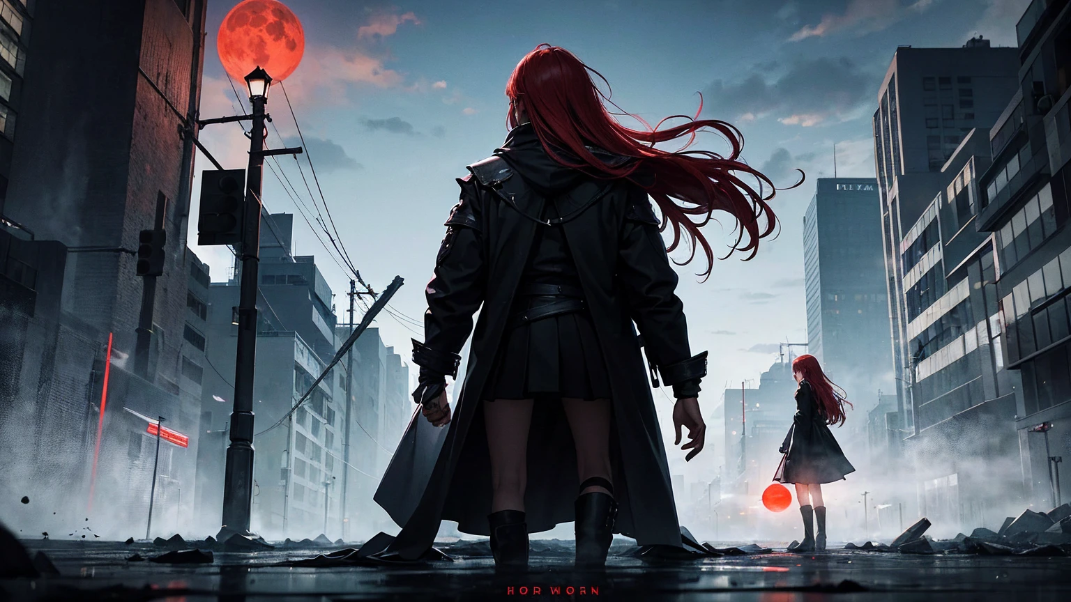 The scene symbolizes an epic moment of fighting the darkness and finding the light of hope. In the foreground is a young woman bravely standing her ground. He stands on a street corner in the darkness, a determined look on his face as he looks to the future.
The young woman has long red hair and wears a black coat and boots. Around her, the shadow of an evil demon stirs, and fear and despair swirl in the air.
The background depicts a city at night, dark and somber. Eerie shadows hover on street corners, and bells tolling with doom. In the distance, the end of the night, a whirlwind of despair, can be seen, and a maddened demon is about to awaken.
A red moon floats in the sky, accentuating the sense of dread and tension. Around them float souls consumed by darkness, and the atmosphere is one of sorrow and anger.
Translated with DeepL.com (free version)