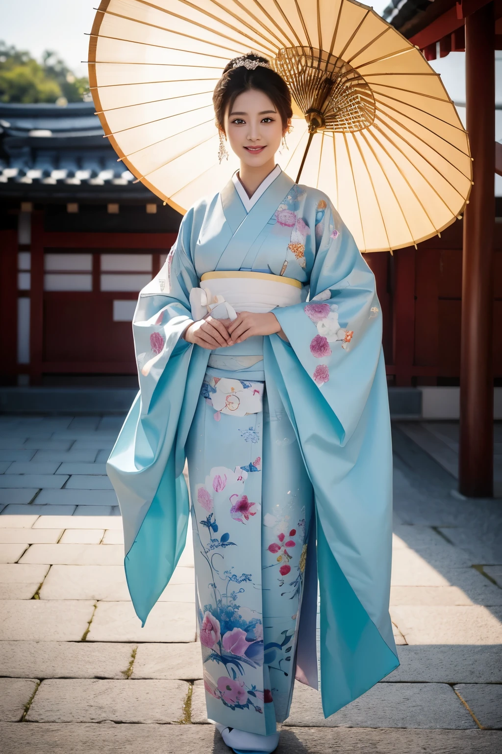 masterpiece, close up, full body a hyper-realistic masterpiece featuring a very beautiful, atractive smile, elegant woman wearing traditional Japanese clothing. Hyperdetailed face, She holds a colorful umbrella and walks into a palace. The scene is inspired by ancient Japanese beauties and princesses, with a harmonious blend of traditional Japanese art. The image is of the highest quality, ultra-high definition (UHD), and captures the essence of Japan’s Emperor’s dynasty, UHD, best resolution, portrait, 28K.