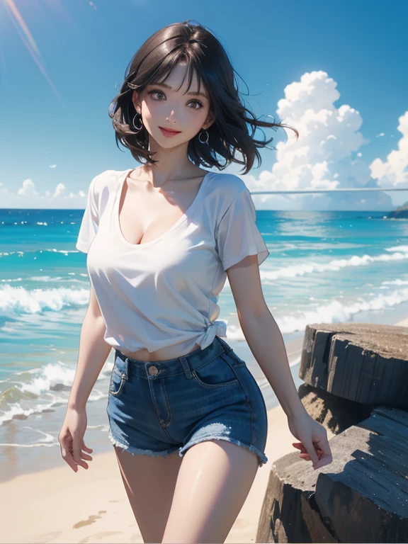 (Highest quality、masterpiece、High resolution、8K)、Vibrant colors、Young and beautiful woman 1、whole body、Brown and black short bob、barefoot、(Detailed face、Beautiful Eyes、Beautiful nose、Pretty lips)、Beautiful cleavage、A woman wearing a white T-shirt and shorts、Running on the beach、Surprised Smile、looking at the camera、Official Art、The background is the sea、blue sky、White waves and wide sandy beach、Wide forest、White Entrance Cloud、