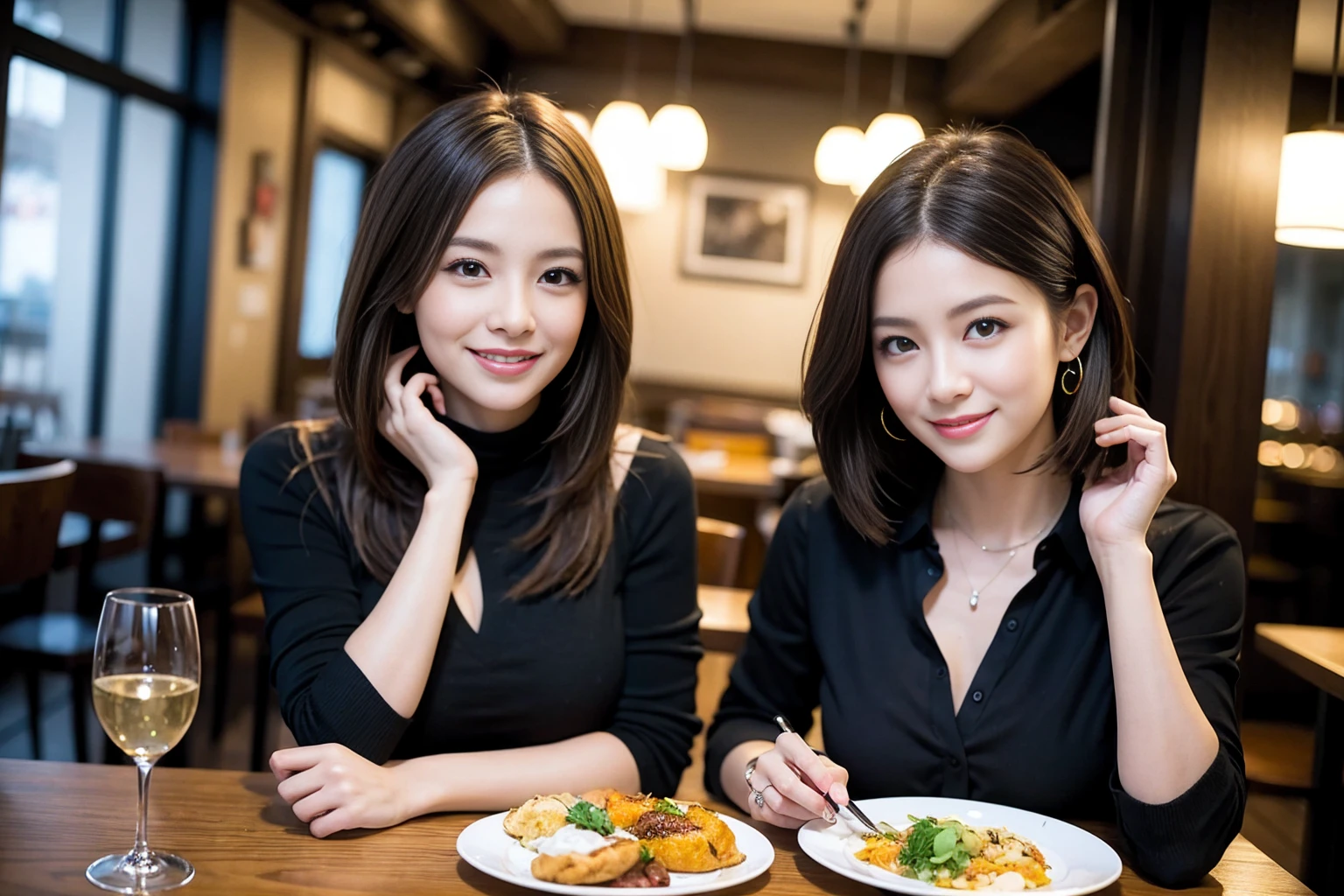 ((Highest quality、8K、masterpiece:1.3))、cute、slimカップル、modelカップル、actress男優、(Realistic, Intricate details:1.2), full-course dinner、Wine Party、Amazing view of the sunset sky and clouds、A bright smile、short hair,Bright Face、 (Age 37), Age 42, red wine 、Appetizers、Italian food、Wine bottle、Champagne、sparkling wine、Two beauties、Brown Hair、Shortcuts、Long sleeve shirt、dress、Beautiful woman 1, (slimな顔), (The body is slim), (Brown Hair), (Shortcuts), cheeks turn a little red,Attractive beauty、restaurant, In a prominent place (From the waist up) Nova Frog Style, actress, model, Upper Body, White wine, slim, wine glass, 中央に置かれたwine glass, smile, (smile: 1.15), Beautiful fine grain, Depth f/2,saturation, High Contrast, Strong light and shadow,Moist Body:1.5、3D texture、Delicate eyes、Brown Hair、The hair is very shiny、