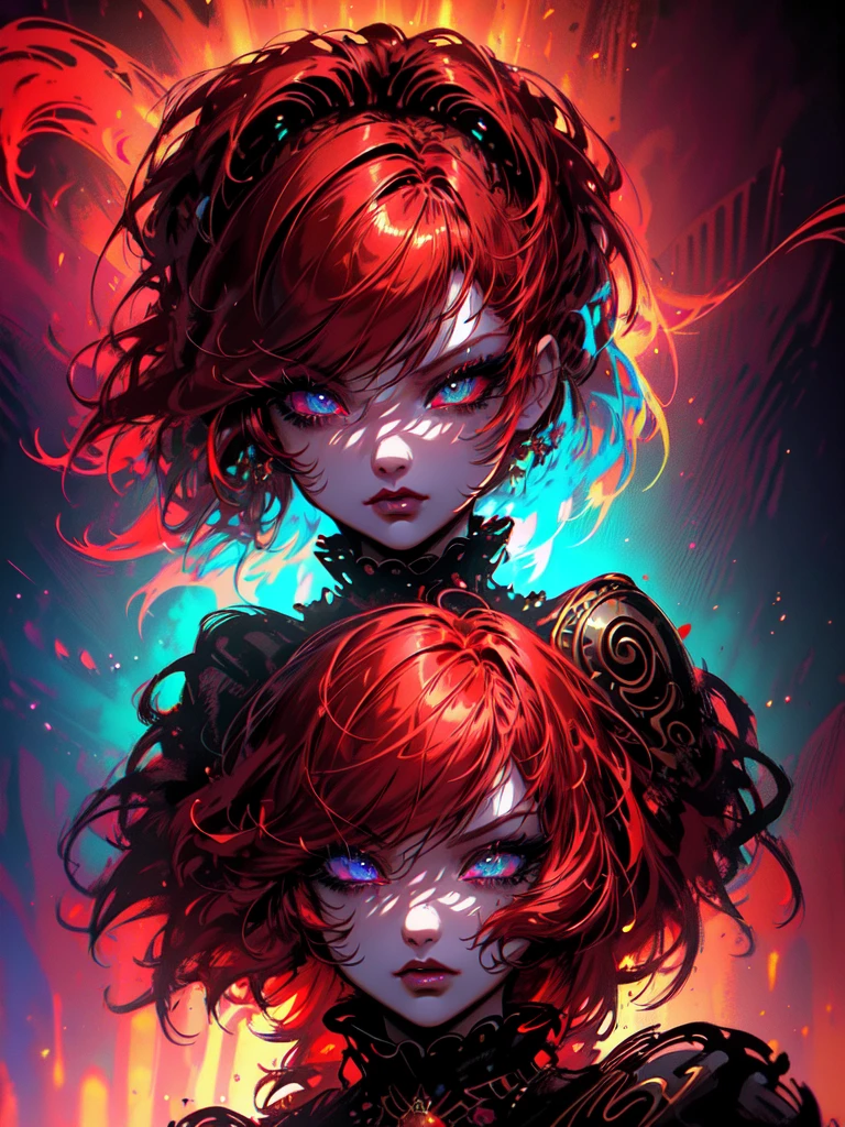 Red hair color,(masterpiece, best quality),(1 lady),(solo),(artstation),(dynamic),(charming),(magical),(unreal engine),(fantastically beautiful),(illustration),(dramatic lighting),(rave background),(neon glow),(maximalist),(extremely detailed eyes and face),(long eyelashes),(intricate details),(vibrant colors),(cinematic lighting),(fantasy portrait)