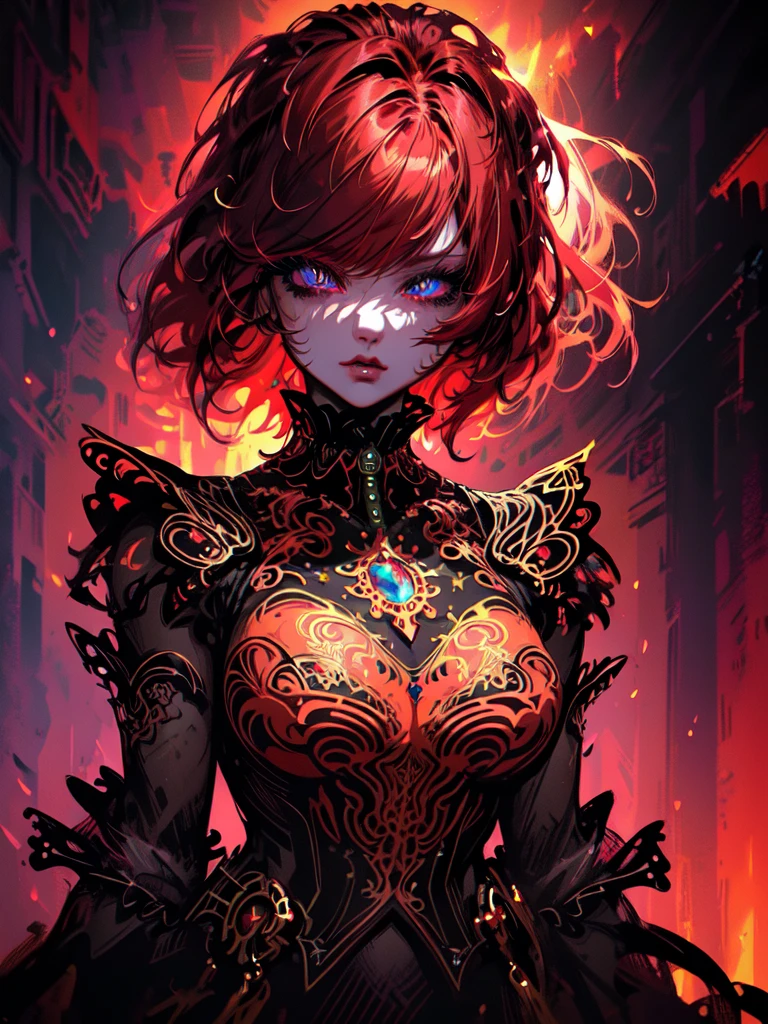 Red hair color,(masterpiece, best quality),(1 lady),(solo),(artstation),(dynamic),(charming),(magical),(unreal engine),(fantastically beautiful),(illustration),(dramatic lighting),(rave background),(neon glow),(maximalist),(extremely detailed eyes and face),(long eyelashes),(intricate details),(vibrant colors),(cinematic lighting),(fantasy portrait)