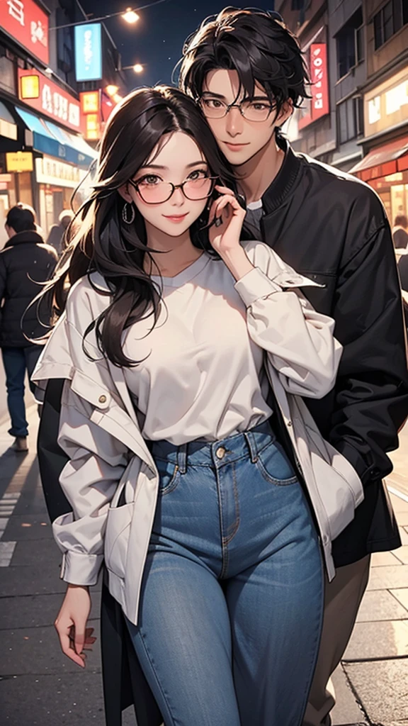 Depict a scene of a kind-looking handsome man in his 20s, blushing. He is wearing black-rimmed glasses, which are slipping down his nose, but he doesn't mind as he covers his face with one hand. His hair is dark brown and has a soft texture. He is dressed in a casual shirt and jeans. The background is a lively city street with a happy and vibrant atmosphere. His expression is slightly flushed, with a shy smile visible, conveying a gentle and approachable vibe.
He is on a first date with a beautiful woman who is not wearing glasses. She has long, flowing hair and is dressed elegantly in a stylish dress. They are walking together, side by side, through the bustling city. The woman is smiling warmly at him, her eyes sparkling with interest. Both are slightly nervous but clearly enjoying each other's company, radiating happiness and the excitement of a new relationship. The surroundings include charming streetlights, shops, and pedestrians, adding to the lively and romantic setting.