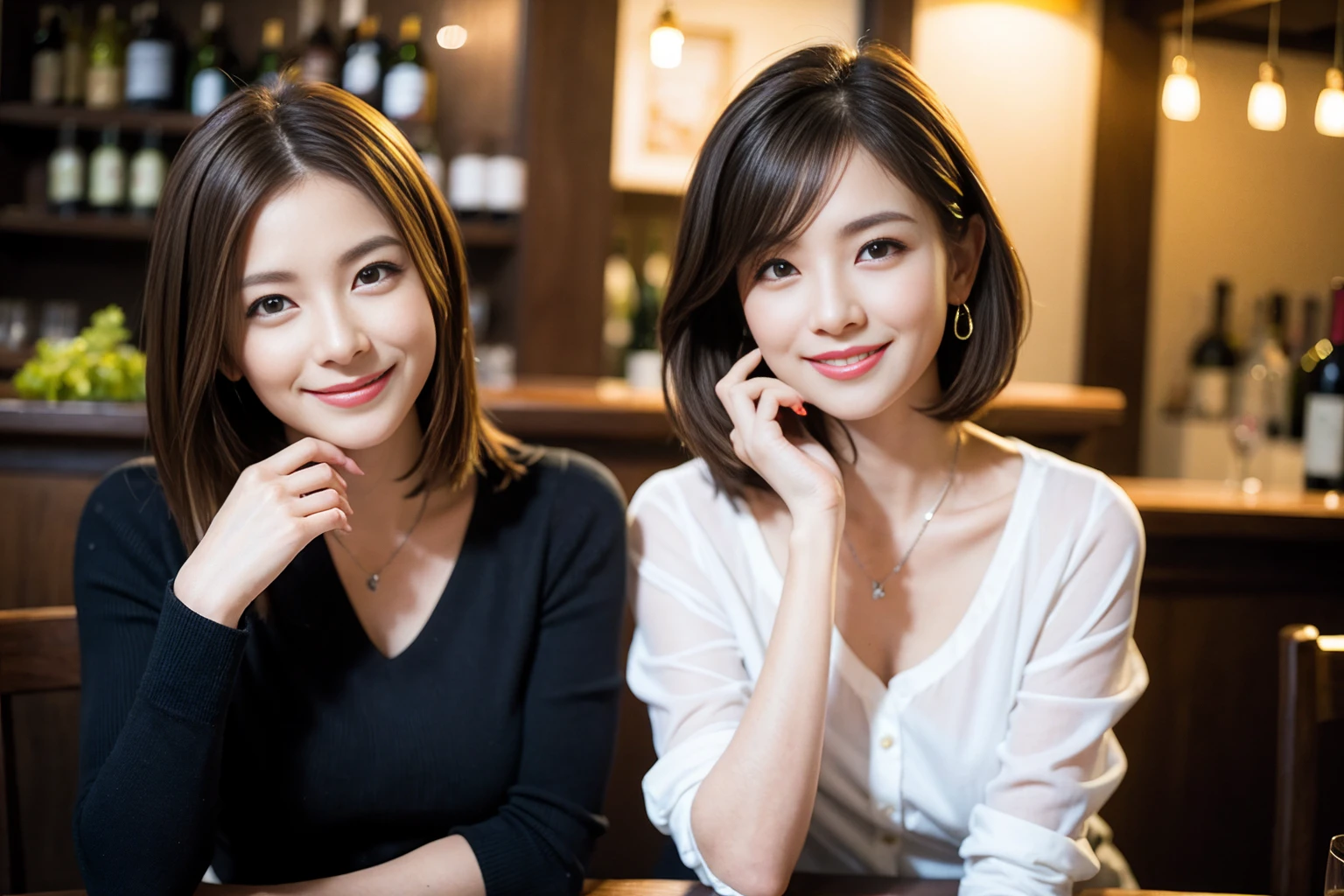 ((Highest quality、8K、masterpiece:1.3))、cute、slimカップル、modelカップル、actress男優、(Realistic, Intricate details:1.2), full-course dinner、Wine Party、Amazing view of the sunset sky and clouds、A bright smile、short hair,Bright Face、 (Age 37), Age 42, red wine 、Appetizers、Italian food、Wine bottle、Champagne、sparkling wine、Two beauties、Brown Hair、Shortcuts、Long sleeve shirt、dress、Beautiful woman 1, (slimな顔), (The body is slim), (Brown Hair), (Shortcuts), cheeks turn a little red,Attractive beauty、restaurant, In a prominent place (From the waist up) Nova Frog Style, actress, model, Upper Body, White wine, slim, wine glass, 中央に置かれたwine glass, smile, (smile: 1.15), Beautiful fine grain, Depth f/2,saturation, High Contrast, Strong light and shadow,Moist Body:1.5、3D texture、Delicate eyes、Brown Hair、The hair is very shiny、