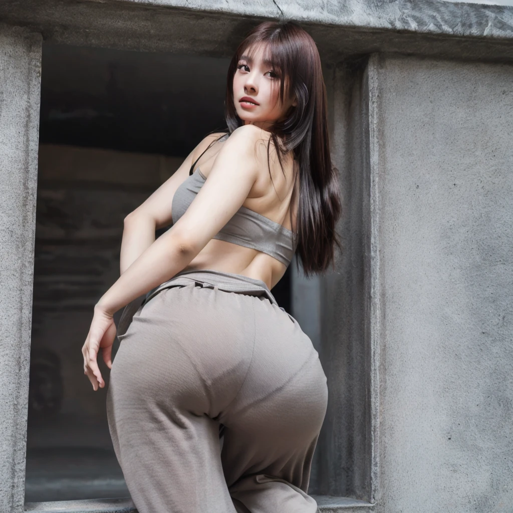 Highest quality, 8K, Highly detailed face and skin texture, Wearing grey yoga pants outdoors、Big ass long haired asian girl, View your viewers, Back view, Sharp focus、Beautiful face、The whole body is visible