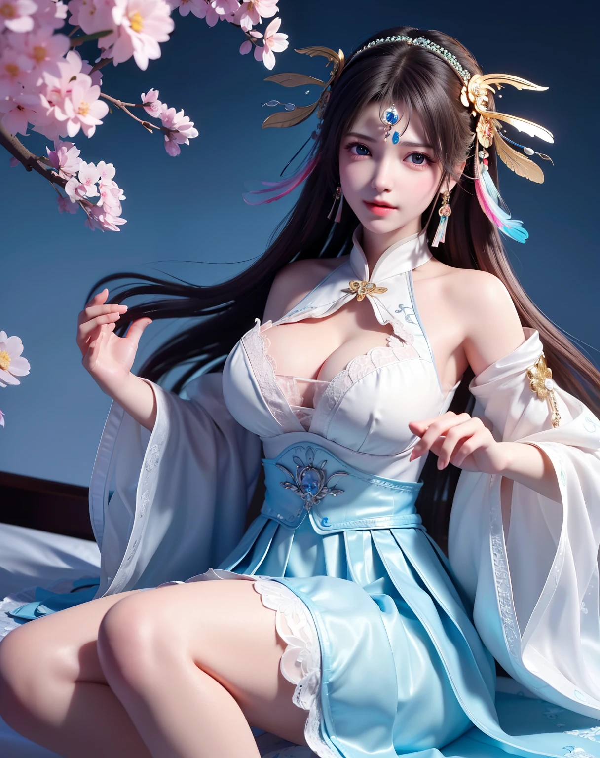 (8k, RAW photo:1.2), best quality, ultra high res,dramatic angle,(fluttered detailed color splashs), (illustration),(((1 girl))),(long hair),(rain:0.9), (Headdress:1.4),There is an ancient palace beside the girl,Hanfu,(Key Points),Color ink painting,(Splash of Color),Splash of Color,(((colorful))),(sketch:0.8) , Masterpiece, best quality, beautiful painted, highly detailed,(denoising:0.6),[splash ink],((ink refraction)), (beautiful detailed sky),moon,highly,detaild,(masterpiece, best quality, extremely detailed） CG Unity 8k Wallpaper，masterpiece，best quality，Ultra Detailed），（Lycoris）.shoulder ballet dress open V-chested clothes Thin silk lace dress short skirt , (huge ，cleavage),, white pink, blue ，best qualtiy，tmasterpiece，Ultra-high resolution，（Reality：1.4），RAW photogr，（True skin texture：1.3），（filmgrain：1.3），（Selfie angle），1个Giant Breast Girl，Beautiful eye and face details，tmasterpiece，Best quality at best，，The chest more exposed， detailed hair, bra pink , detail 8k, full body, lace petticoat, lying on bed