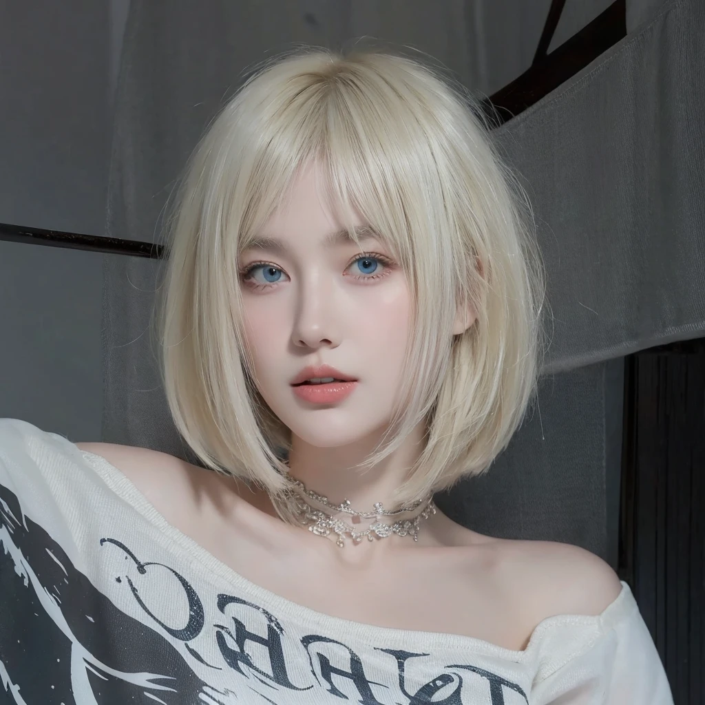 White-blonde beauty with short hair,Natural and beautiful hair,Background mysterious senior