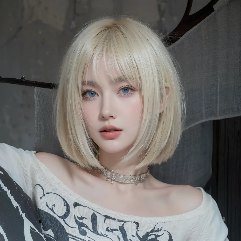 White-blonde beauty with short hair,Natural and beautiful hair,Background mysterious senior
