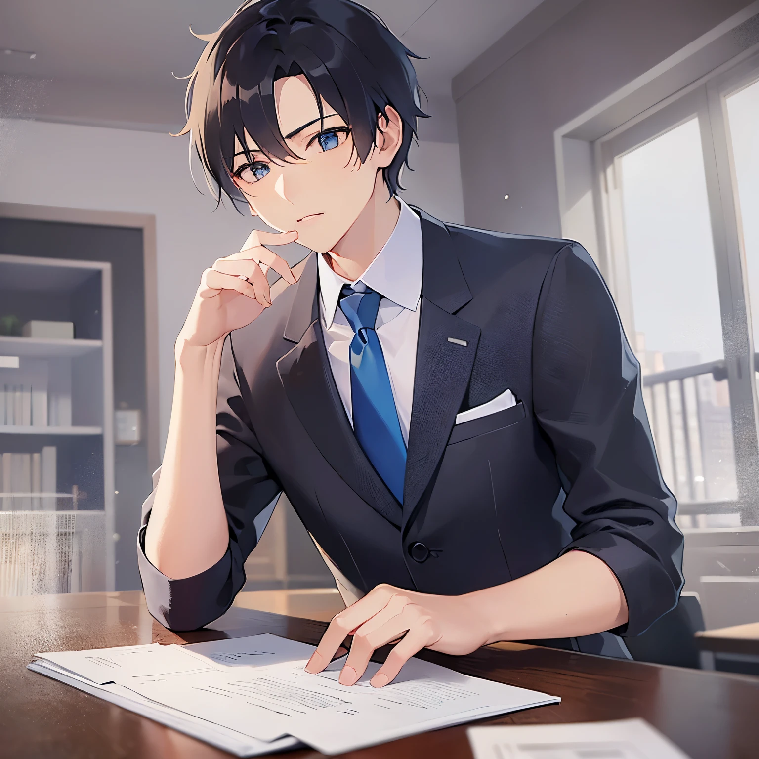 (looking away:1.5),upper body、 shiny skin, masterpiece、Highest quality、(25-year-old male:1.5) and (Black short hair) and (blue eyes) (Wearing a suit:1.5) and (Blue tie)、 , Sitting、serious、Background is an office room、Organizing papers、(Alone:1.5)