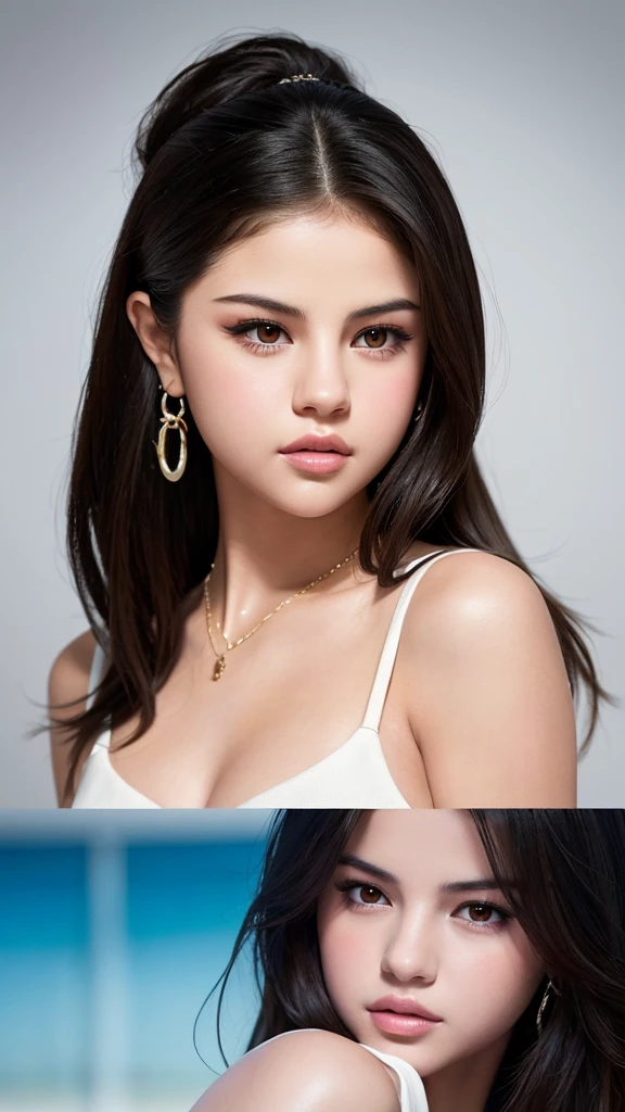 Create a realistic graphic-style illustration of Selena Gomez that closely resembles a photograph. The illustration should feature a plain white background and be highly accurate to her actual facial features. Emphasize her signature traits, such as her eyes, lips, and hair, while maintaining a trendy and modern aesthetic. The illustration should have clean lines and vibrant colors, capturing Selena Gomez’s natural beauty in a contemporary and visually appealing way. Ensure the final artwork is both photo-realistic and stylish, reflecting current design trends.