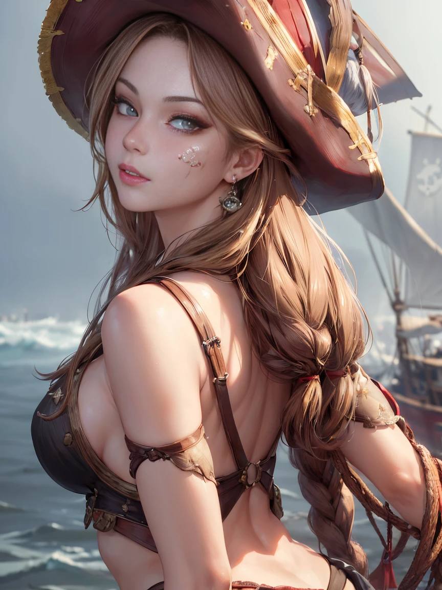 (masterpiece, 最high quality:1.4), (pirate ship), (From the back:1), (One girl), (alone), (head to waist photo) , Robin from One Piece, hyperRealistic, Skin with attention to detail, Digital SLR, Soft lighting, high quality, Highly detailed face, Highly detailed eyes, Highly detailed skin, Skin pores, Scattered beneath the surface, Apply blush all over the face, Highly detailed face, Highly detailed eyes, Beautiful Face, Fuller lips, Detailed Background, Depth of written boundary, Volumetric lighting, Sharp focus, Realistic proportions, Excellent anatomy, (Realistic, hyperRealistic:1.4), 16k hdr, Dawn