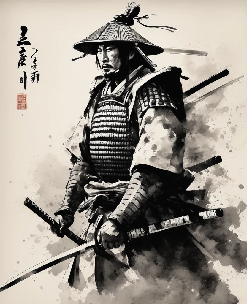 A samurai wearing traditional Japanese armor is depicted in a dynamic, simple black and white ink-wash style.