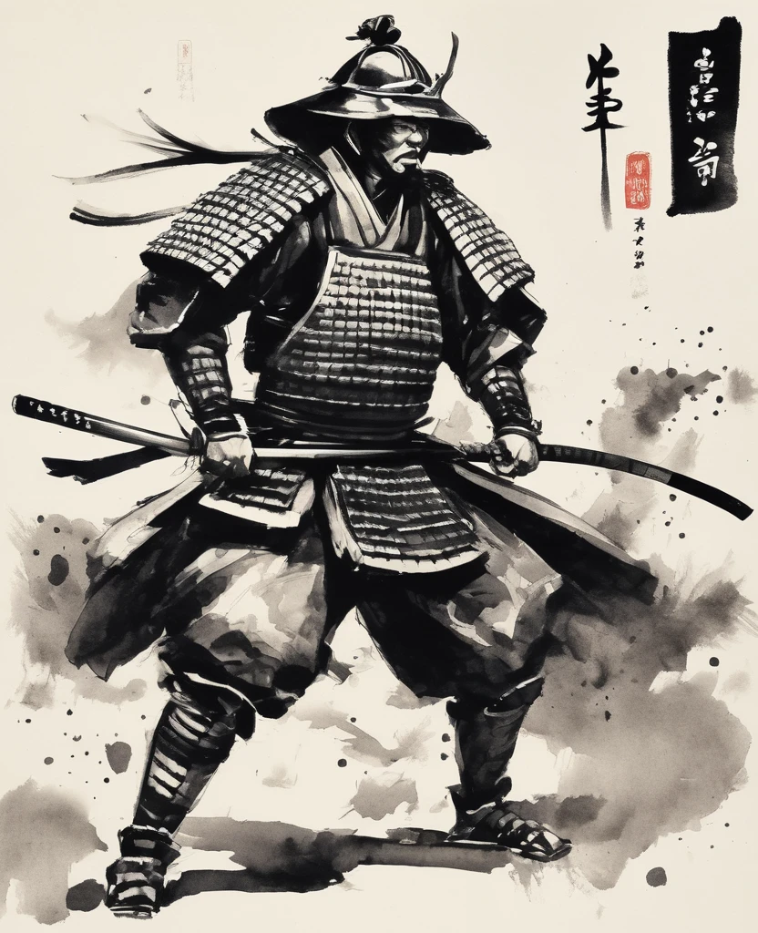 A samurai wearing traditional Japanese armor is depicted in a dynamic, simple black and white ink-wash style.