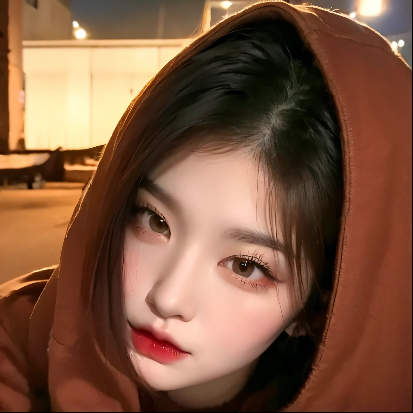 ((best quality)), ((masterpiece)), (detailed), 1girl, (wolf cut), short hair, brown eyes, brown hoodie, ample breasts, city background, aesthetic, (Korean girl), ((night)), ((gorgeous woman)), (tomboy style)