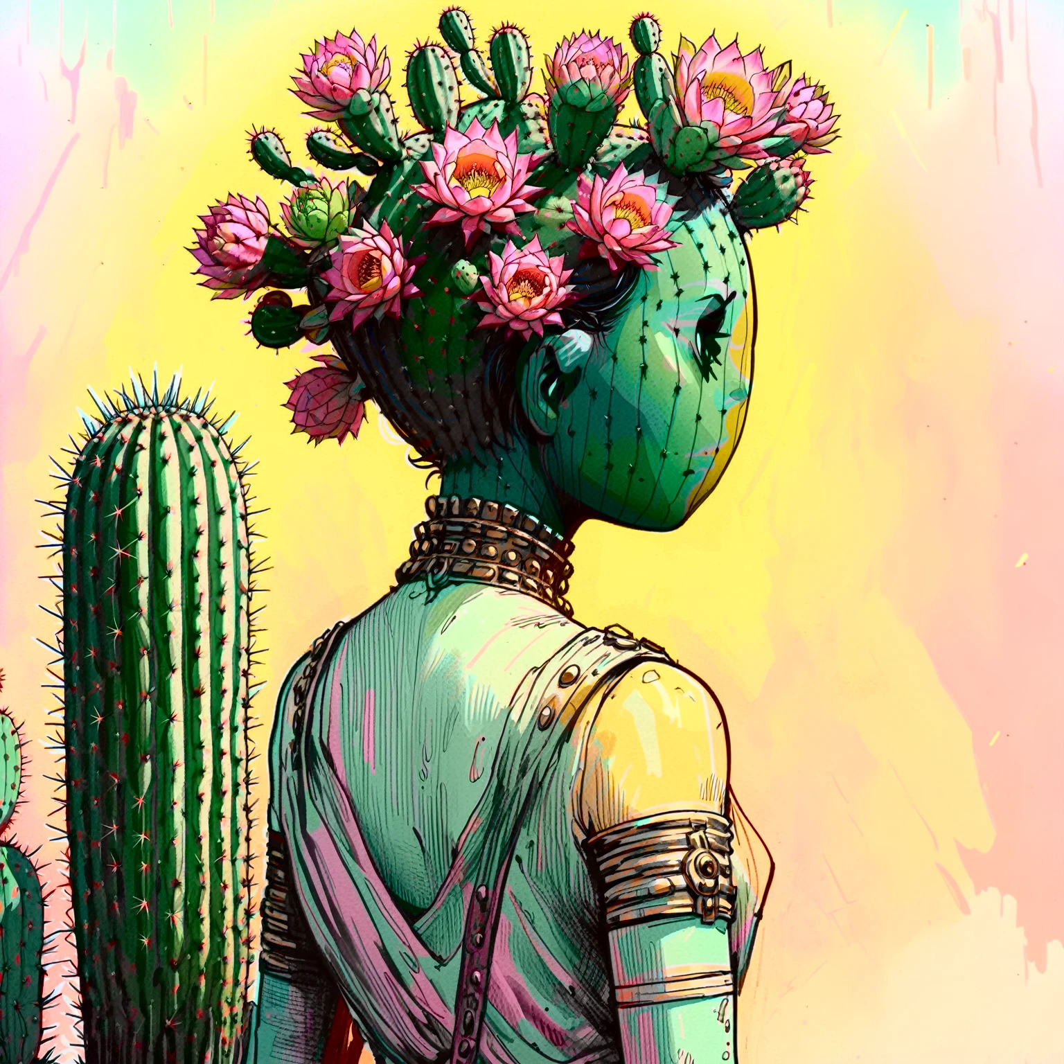 illustrate cactus princess, film screengrab, minimal, serene, perfect, strange, candid, cinematic, surreal, anthropomorphic cactus princess with crown of ornate cactus flowers (ladyfingers and opuntia, vibrant), , realism, photographed, timeless, lost in space, liminal, blank canvas, abstract, nuanced, clearly cartoon distinct, An over the shoulder sketch in the style of Jamie Hewlett and Joelle Jones, with 90s comic aesthetics, expressive ink work, cinematic compositions, and nuanced details. Desert color scheme, 1990's animated tv show screengrab, uv light rays across face, VHS, glitch, distorted, nostalgia, 90's retro vibes, analog tape, vcr aesthetics, tv, television, comic 1990's, animated tv show screengrab, cinematic poster, image within image, multiple exposure, massive scale, rich color grading for shading depth, hand drawn rotoscope cartoon realism, chiaroscuro lighting, mixed media, vintage comic, retro original design, 1990's comic, sense of movement energy, rewilding, (full roygbiv color) ink charcoal expressive illustration,