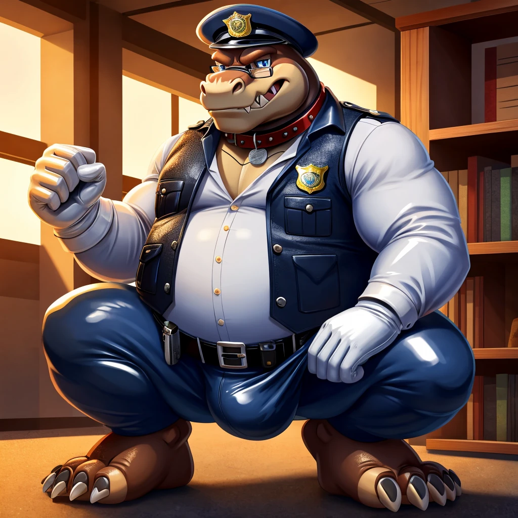Solo, Male, fat, squatting, extremely obese, gentleman, dapper Dingodile, blue eyes, (soft shading), 4k, hi res, ((detailed face, detailed)), looking at viewer, evil grin, police station, collared shirt with buttons, hat, male focus, Police Uniform, glasses, monocle, vest with buttons, sleeves rolled up, round eyewear, headwear, vest, Dingodile is wearing a glossy leather dog collar around the neck, Dingodile is wearing the leather collar and shirt and vest at the same time, Dingodile is wearing glossy white rubber gloves on the hands, wearing white rubber gloves on the feet, gloves are rubber in texture, clenching teeth, clenching fists, leather collar is glossy and shiny with a lot of detail, Dingodile is wearing gloves and leather collar at the same time, leather collar has a round dog-tag, leather collar is thick and detailed, white rubber gloves on the feet.