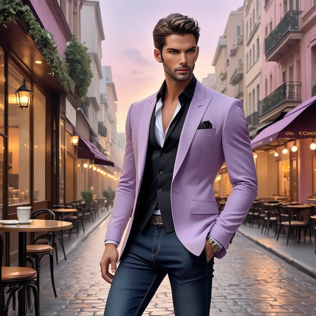 Depict Lucifer as a charismatic and sophisticated figure dressed in a casual yet elegant light purple outfit. He is a striking presence with an air of mystery and intelligence. He wears a well-fitted, light purple blazer over a white shirt, with dark jeans and stylish shoes. His demeanor is confident and charming, with a subtle hint of his divine origins in his calm and intense gaze. The background should be a modern, urban setting with a blend of sophistication and casualness, such as a city street or a cozy café.