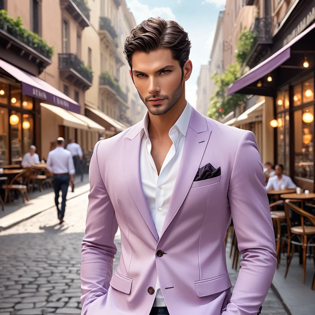 Depict Lucifer as a charismatic and sophisticated figure dressed in a casual yet elegant light purple outfit. He is a striking presence with an air of mystery and intelligence. He wears a well-fitted, light purple blazer over a white shirt, with dark jeans and stylish shoes. His demeanor is confident and charming, with a subtle hint of his divine origins in his calm and intense gaze. The background should be a modern, urban setting with a blend of sophistication and casualness, such as a city street or a cozy café.