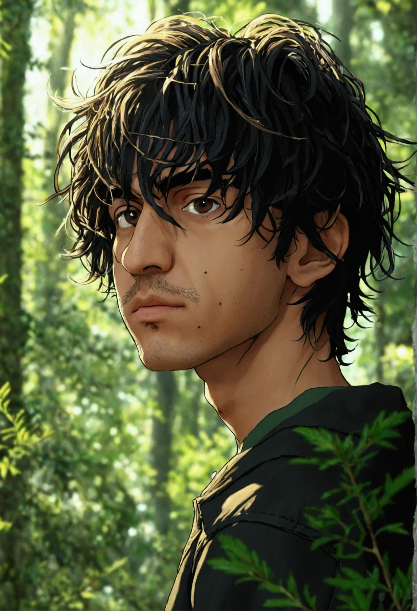 25 year old Turkish man ugly face, teenager, forest, long shot photo, not looking to camera looking to forward, photo from profile.