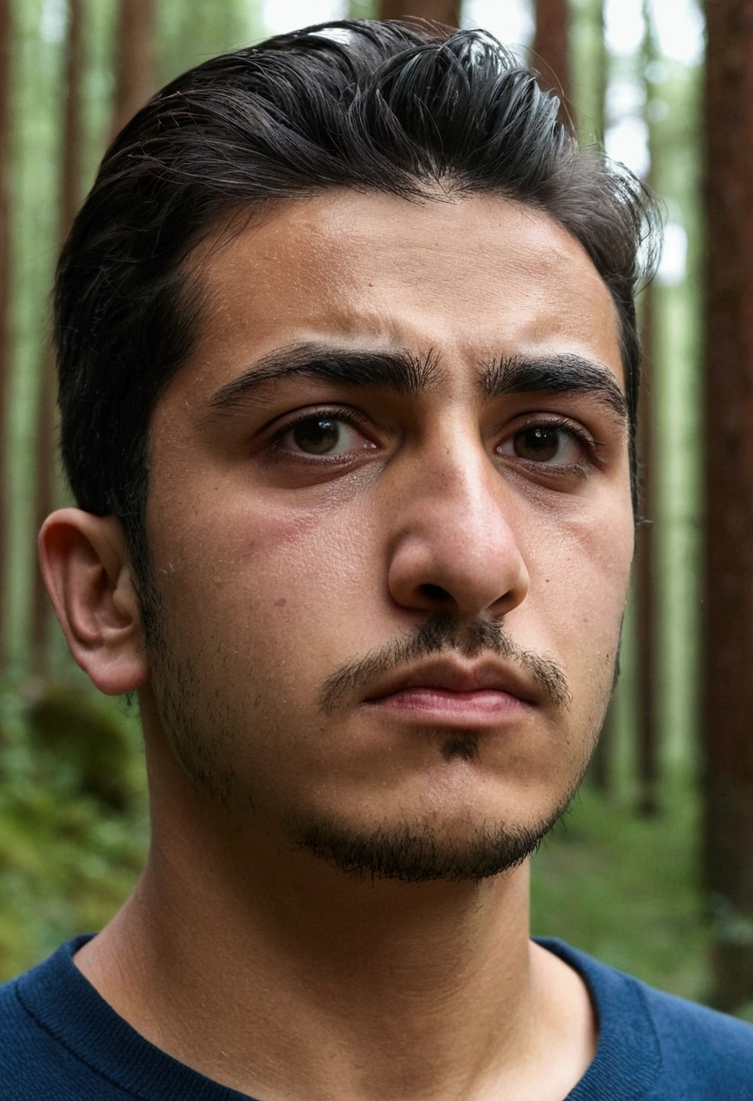 25 year old Turkish man ugly face, teenager, forest, long shot photo, not looking to camera looking to forward, photo from profile.