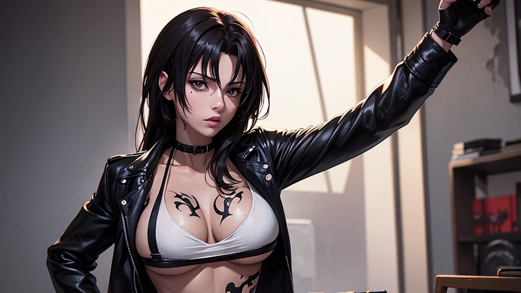 Revy from black lagoon, tattooed babe, wearing a black leather jacket with her out, short ripped jeans, Her expression is sensual, background is a bright scene, neon lights illuminating the area around her, The artwork is rendered in an edgy and realistic style, with high attention to detail and sharp focus. The colors are vivid and contrasted, with a slight desaturation to create a moody atmosphere. shadowy highlights enhancing the overall composition. The medium used is a digital illustration, with a touch of photo-realistic elements to add depth and texture to the image. The final result is a masterpiece in ultra-high resolution, showcasing the intense and raw nature of Revy's character. she's facing the front image, she's alone.