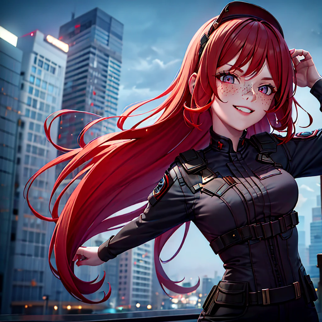 A girl with red hair, ta hairstyle, freckles on her face, pale skin, smiling, in a stormy city, wearing soldier's clothing, with a moon in the background, high-quality 4K image, (((pechos grandes)))