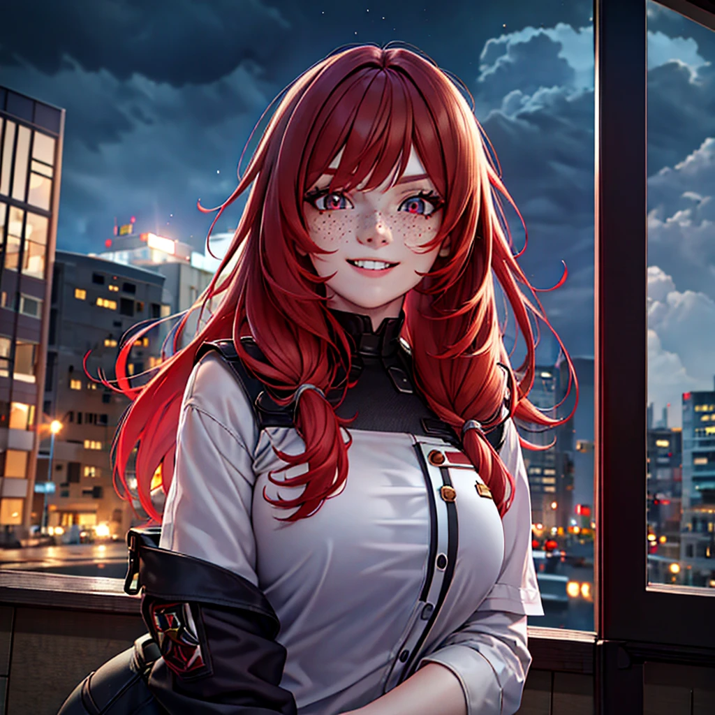 A girl with red hair, ta hairstyle, freckles on her face, pale skin, smiling, in a stormy city, wearing soldier's clothing, with a moon in the background, high-quality 4K image, (((pechos grandes)))