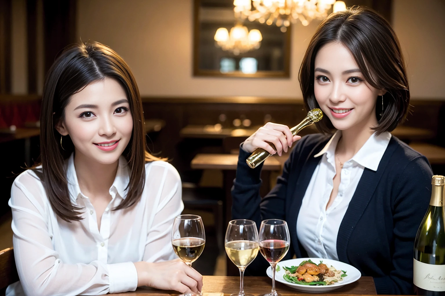 ((Highest quality、8K、masterpiece:1.3))、cute、slimカップル、modelカップル、actress男優、(Realistic, Intricate details:1.2), full-course dinner、Wine Party、Amazing view of the sunset sky and clouds、A bright smile、short hair,Bright Face、 (Age 37), Age 34, red wine 、Appetizers、Italian food、Wine bottle、Champagne、sparkling wine、Two beauties、Brown Hair、Shortcuts、Long sleeve shirt、dress、Beautiful woman 1, (slimな顔), (The body is slim), (Brown Hair), (Shortcuts), cheeks turn a little red,Attractive beauty、restaurant, In a prominent place (From the waist up) Nova Frog Style, actress, model, Upper Body, White wine, slim, wine glass, 中央に置かれたwine glass, smile, (smile: 1.15), Beautiful fine grain, Depth f/2,saturation, High Contrast, Strong light and shadow,Moist Body:1.5、3D texture、Delicate eyes、Brown Hair、The hair is very shiny、