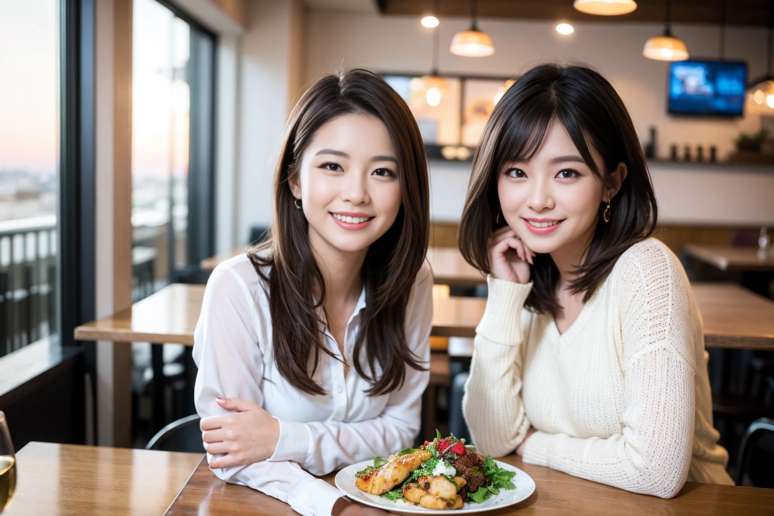 ((Highest quality、8K、masterpiece:1.3))、cute、slimカップル、modelカップル、actress男優、(Realistic, Intricate details:1.2), full-course dinner、Wine Party、Amazing view of the sunset sky and clouds、A bright smile、short hair,Bright Face、 (Age 37), Age 34, red wine 、Appetizers、Italian food、Wine bottle、Champagne、sparkling wine、Two beauties、Brown Hair、Shortcuts、Long sleeve shirt、dress、Beautiful woman 1, (slimな顔), (The body is slim), (Brown Hair), (Shortcuts), cheeks turn a little red,Attractive beauty、restaurant, In a prominent place (From the waist up) Nova Frog Style, actress, model, Upper Body, White wine, slim, wine glass, 中央に置かれたwine glass, smile, (smile: 1.15), Beautiful fine grain, Depth f/2,saturation, High Contrast, Strong light and shadow,Moist Body:1.5、3D texture、Delicate eyes、Brown Hair、The hair is very shiny、