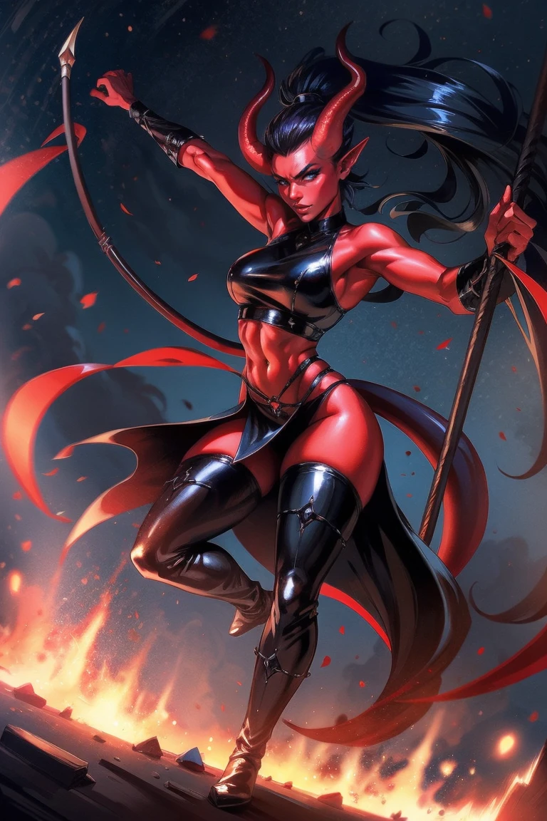 Red skin succubus tiefling, medium breasts, black horns, wings, huge tail, black leather, crop top, long flowing pelvic curtain, tall, toned, graceful, thin, long black ponytail. Action scene, whip. Dark scene, explosions, night sky.