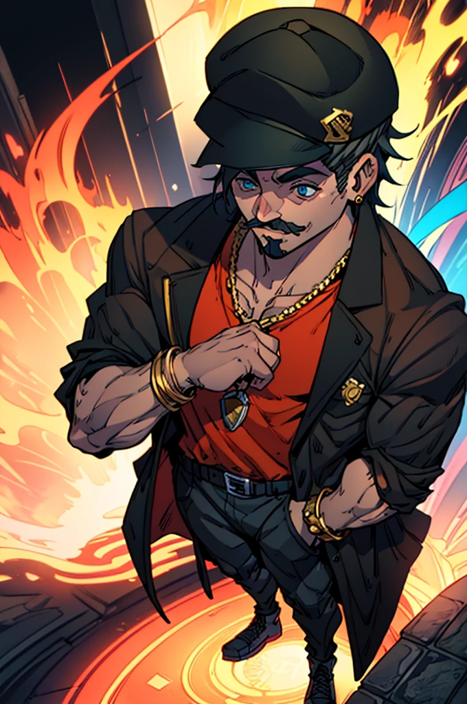 A high-quality, detailed Mario character, intricate details, photorealistic 3D rendering, dynamic lighting, cinematic angle, vibrant colors, bold shadows, muscular body, heroic expression, his mustache covering his smile, iconic red hat and jumpsuit, JoJo's outfit, red JoJo's outfit with gold parts, red JoJo's coat with gold parts, detailed facial features, expressive eyes, adventurous pose, JoJo's pose, lush and colorful environment, perfect composition, cinematic atmosphere, masterpiece, full-body shot, full-body, whole body, no background, completely blank background with no details, no tattoo