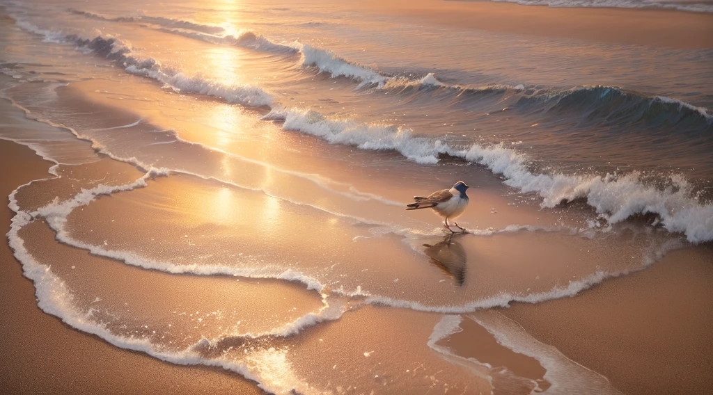 There is a bird walking on the beach near the water., Oceangull, go ashore, Inspired by Quint Buchholz, Wavy, Oceanshore, Hot Photos, Sand swirling, On the sand, Wavy reflections, Realistic art, Robin Erie, Award-winning oil painting, Ocean, Lonely, Wavy with magic, realistic oil painting
