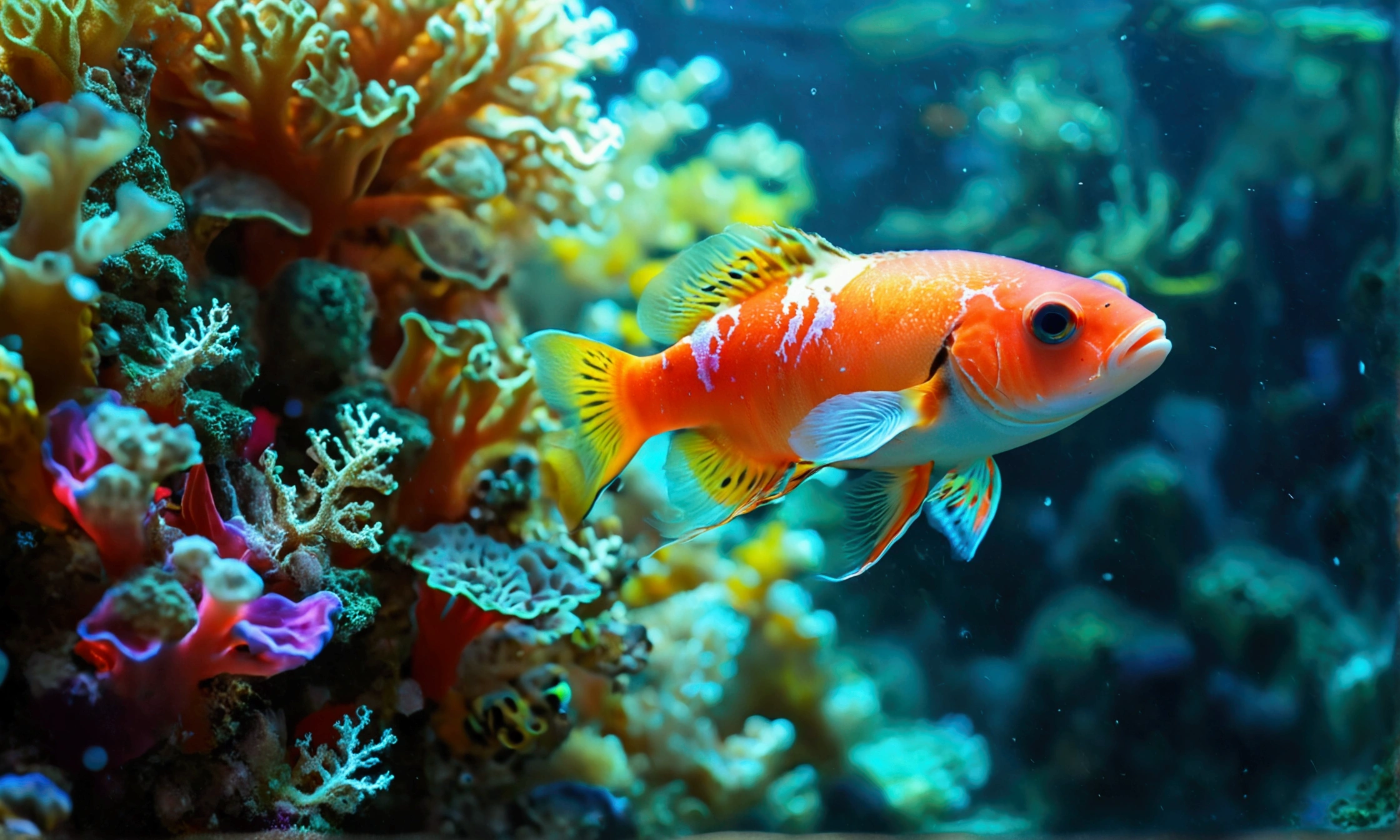 (colorful coral reef,In the water,Coral,Crystal clear water,tropical fish,sun rays,Detailed marine life,Vibrant colors,Quiet atmosphere,Calm,swaying seaweed,Alien species,A dazzling array of colors) ,(Highest quality,High resolution:1.2), (In the water photography), (Vibrant), (Soft and diffuse lighting)