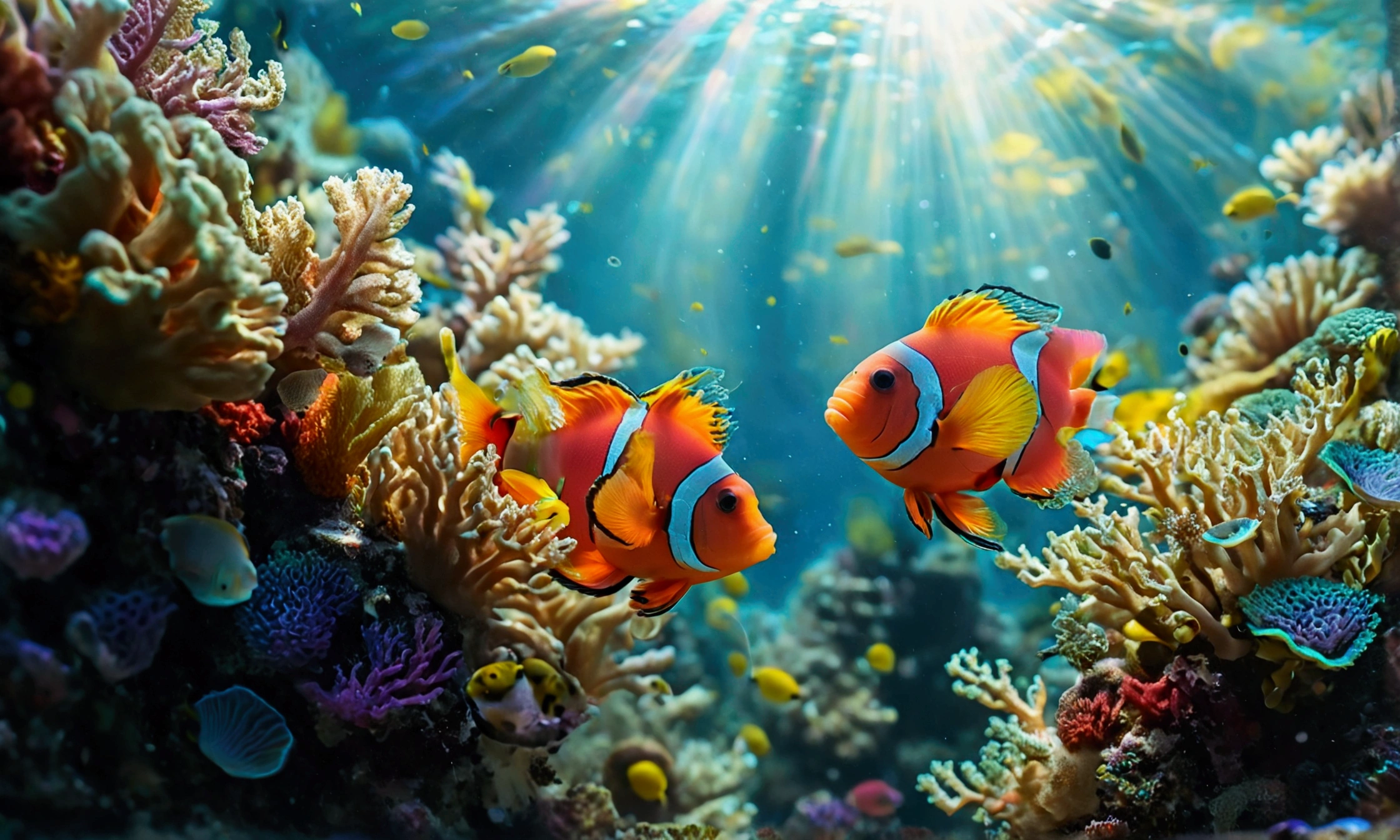 (colorful coral reef,In the water,Coral,Crystal clear water,tropical fish,sun rays,Detailed marine life,Vibrant colors,Quiet atmosphere,Calm,swaying seaweed,Alien species,A dazzling array of colors) ,(Highest quality,High resolution:1.2), (In the water photography), (Vibrant), (Soft and diffuse lighting)