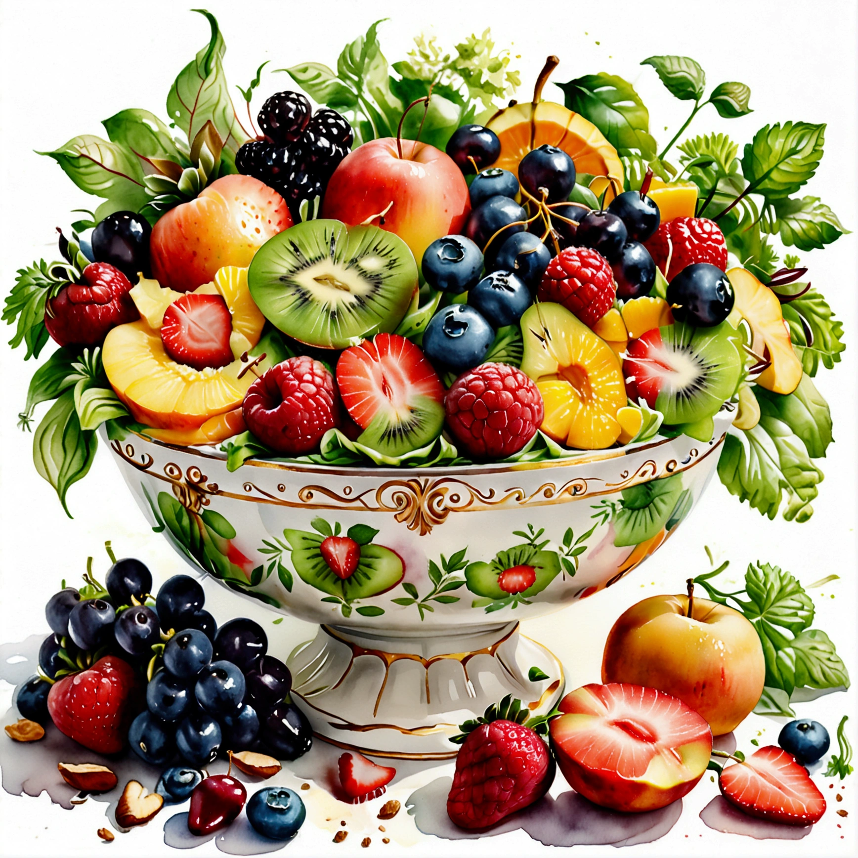 There is bowl of salad made of different fruit , fresh and creamy, served in classy victorian bowl, illustration, baking ingredients, isolated with solid white background, surrounded with negative space, centered composition, 8k, highest detailed painting, very precise line, Isolated, clear solid white background, perspective angle of view, ((watercolor:1)), (lora:add-detail-xl:1), (masterpiece), (best quality), no bread on the floor,