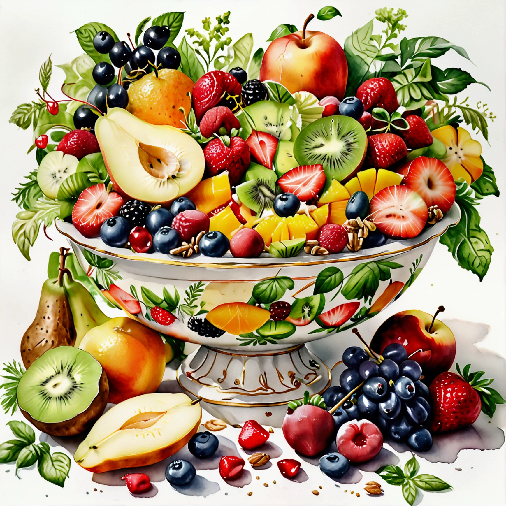There is bowl of salad made of different fruit , fresh and creamy, served in classy victorian bowl, illustration, baking ingredients, isolated with solid white background, surrounded with negative space, centered composition, 8k, highest detailed painting, very precise line, Isolated, clear solid white background, perspective angle of view, ((watercolor:1)), (lora:add-detail-xl:1), (masterpiece), (best quality), no bread on the floor,