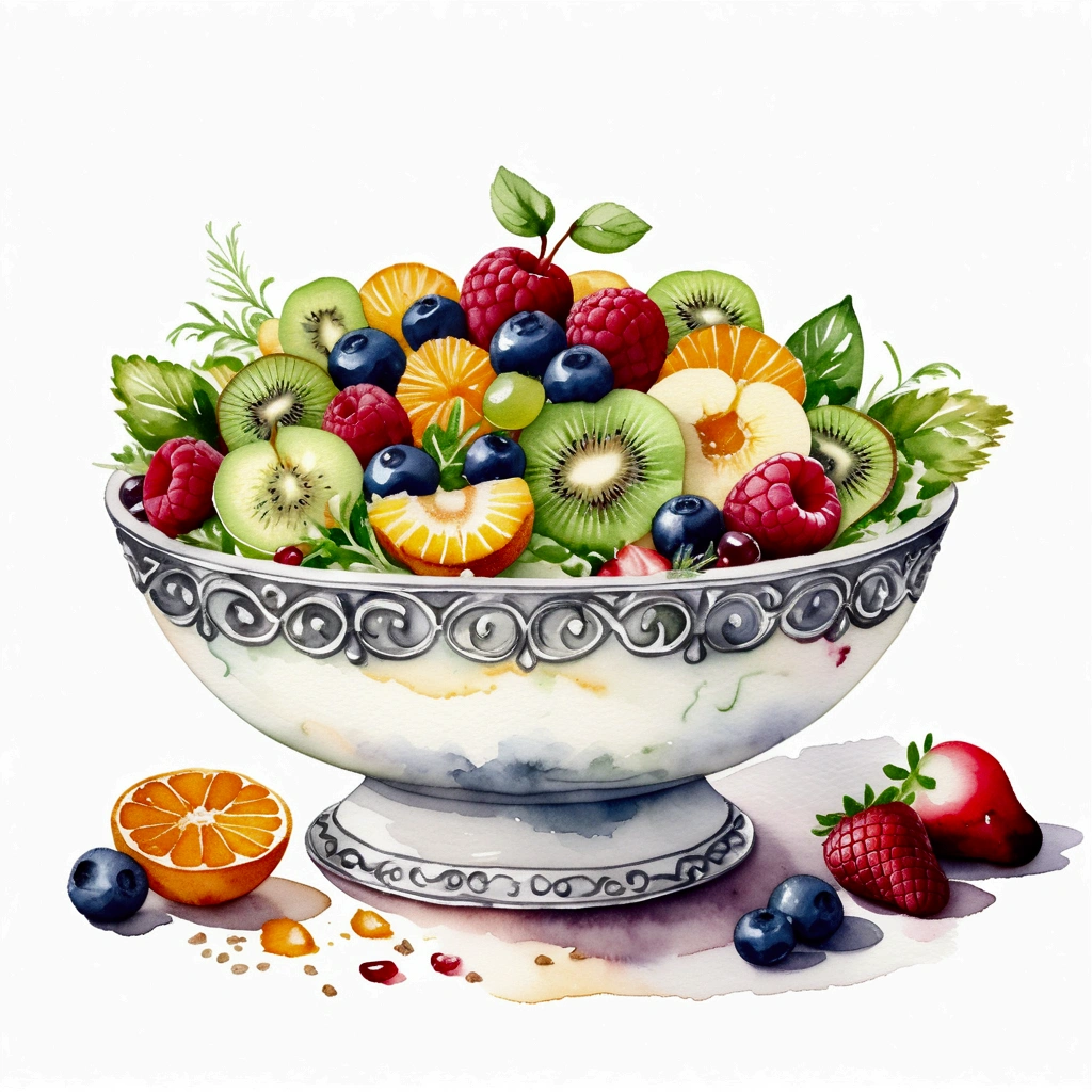 There is bowl of salad made of different fruit , fresh and creamy, served in classy victorian bowl, illustration, baking ingredients, isolated with solid white background, surrounded with negative space, centered composition, 8k, highest detailed painting, very precise line, Isolated, clear solid white background, perspective angle of view, ((watercolor:1)), (lora:add-detail-xl:1), (masterpiece), (best quality), no bread on the floor,
