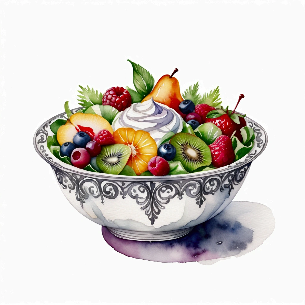 There is bowl of salad made of different fruit , fresh and creamy, served in classy victorian bowl, illustration, baking ingredients, isolated with solid white background, surrounded with negative space, centered composition, 8k, highest detailed painting, very precise line, Isolated, clear solid white background, perspective angle of view, ((watercolor:1)), (lora:add-detail-xl:1), (masterpiece), (best quality), no bread on the floor,