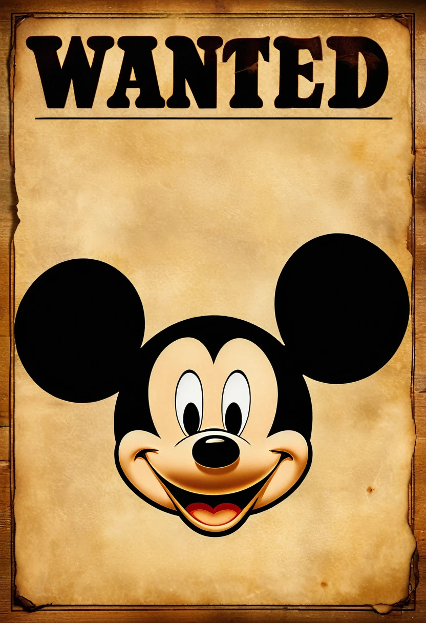 "Mickey Mouse appears on the wanted poster. Old western style background, paper slightly burnt. The word 'WANTED' is large and prominent, with a photo of Mickey Mouse's face in the centre."