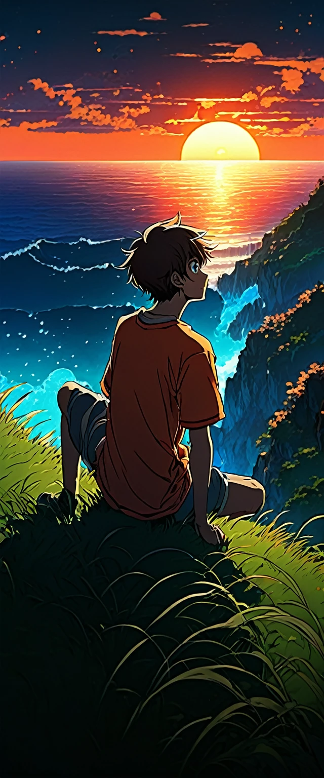 high quality, 8k ultra high definition. The image shows a boy sitting watching the anime The Scary Ocean at Sunrise from a grassy hill., with a background of vibrant blue sky and red and orange tones of the sun. anime art wallpaper 4k, anime art wallpaper 4k, animated background, 8K Animated Art Wallpaper, Artistic background of anime, anime landscape wallpaper, amazing wallpaper, Definición de fondo de pantalla de high quality,4k anime wallpaper,4k anime wallpaper,Aries Moross art,art by Bob Byerley,AshleyWoodArtAI,greg rutkowski
