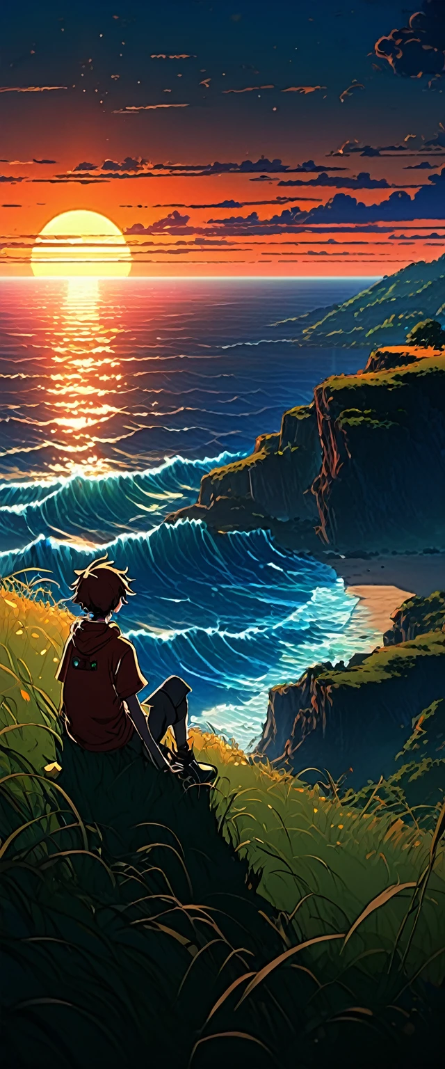 high quality, 8k ultra high definition. The image shows a boy sitting watching the anime The Scary Ocean at Sunrise from a grassy hill., with a background of vibrant blue sky and red and orange tones of the sun. anime art wallpaper 4k, anime art wallpaper 4k, animated background, 8K Animated Art Wallpaper, Artistic background of anime, anime landscape wallpaper, amazing wallpaper, Definición de fondo de pantalla de high quality,4k anime wallpaper,4k anime wallpaper,Aries Moross art,art by Bob Byerley,AshleyWoodArtAI,greg rutkowski
