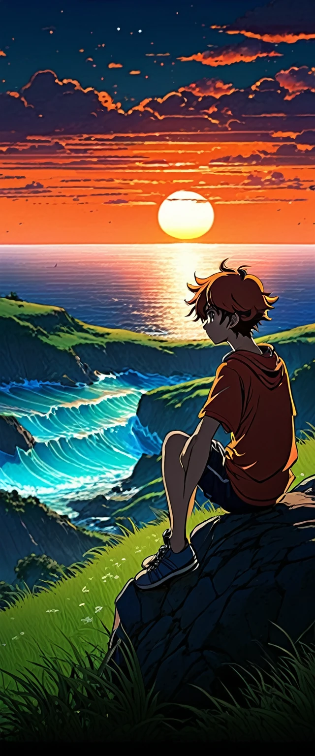 high quality, 8k ultra high definition. The image shows a boy sitting watching the anime The Scary Ocean at Sunrise from a grassy hill., with a background of vibrant blue sky and red and orange tones of the sun. anime art wallpaper 4k, anime art wallpaper 4k, animated background, 8K Animated Art Wallpaper, Artistic background of anime, anime landscape wallpaper, amazing wallpaper, Definición de fondo de pantalla de high quality,4k anime wallpaper,4k anime wallpaper,Aries Moross art,art by Bob Byerley,AshleyWoodArtAI,greg rutkowski
