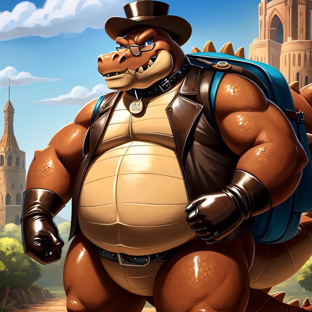 Solo, Male, fat, extremely obese, gentleman, dapper Professor Dingodile, blue eyes, (posing:1.3), (soft shading), 4k, hi res, ((detailed face, detailed)), looking at viewer, mouth wide open, steampunk, collared shirt with buttons, top hat, male focus, Explorer Outfit, glasses, monocle, bag, vest with buttons, backpack, sleeves rolled up, round eyewear, brown headwear, brown vest, Dingodile is wearing a glossy leather dog collar around the neck, Dingodile is wearing the leather collar and shirt and vest at the same time, Dingodile is wearing glossy white rubber gloves on the hands, wearing white rubber gloves on the feet, gloves are rubber in texture, clenching teeth, clenching fists, leather collar is glossy and shiny with a lot of detail, Dingodile is wearing gloves and leather collar at the same time, leather collar has a round dog-tag, leather collar is thick and detailed.